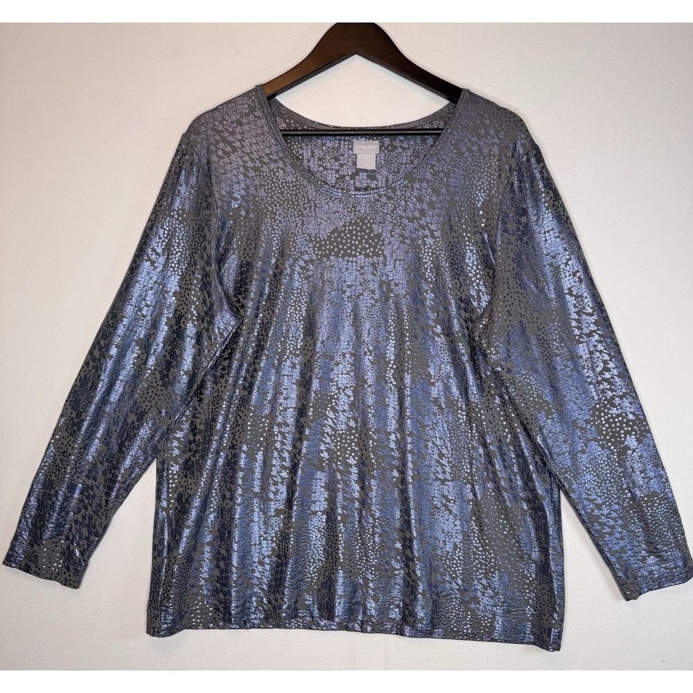 Chicos Floral Long Sleeve Tunic Top Women XL Grey Blue Metallic Shimmer Knit